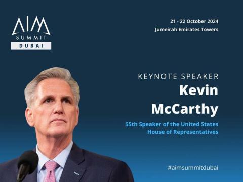 Zachary Cefaratti announces Kevin McCarthy as speaker at the AIM Summit Dubai 2024